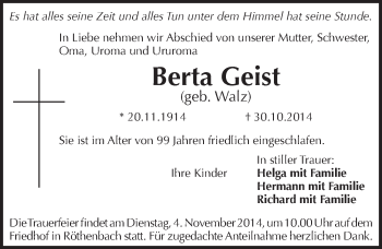 Traueranzeige von Berta Geist von Pegnitz-Zeitung